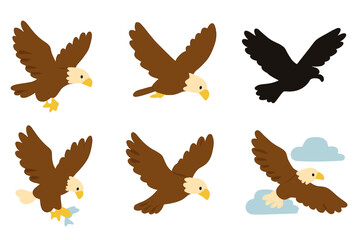 Obraz premium Eagle Flight Icons. Flat vector mini-illustrations eagle in flight in colors children's illustrations: soaring eagle, diving eagle