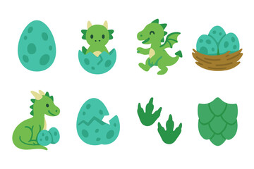 Dragon Eggs and Babies. Flat vector mini-illustrations dragon eggs and babies in colors children's illustrations: dragon egg,