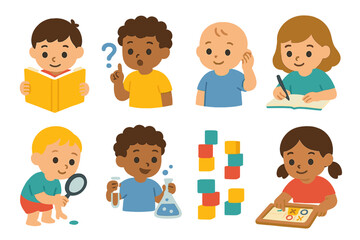 Educational Children's Icons. Flat vector mini-illustrations learning in colors children's illustrations: child reading book, kid