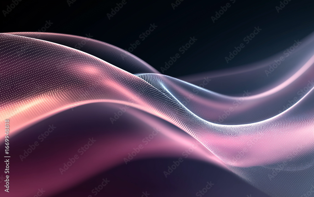 Poster abstract wavy particle surface with dynamic motion creating a serene and futuristic ambiance on dark