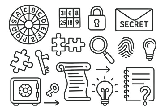 Enigma Code Doodle. Hand-drawn doodle illustration enigma code cipher wheel, code, lock, key, puzzle pieces, magnifying glass,