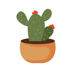 Cute Flat Style Green Cactus in Clay Pot Graphic Element