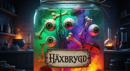 A whimsical halloween jar labeled "Häxbrygd" (Witch's brew on swedish) filled with a swirling, colorful liquid, eyeballs, and bones.