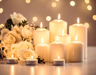 White roses and candles in soft light