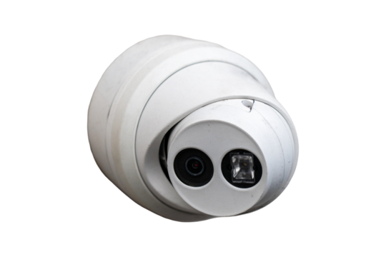 High-angle perspective of contemporary white CCTV dome surveillance camera with infrared, isolated for security monitoring technology
