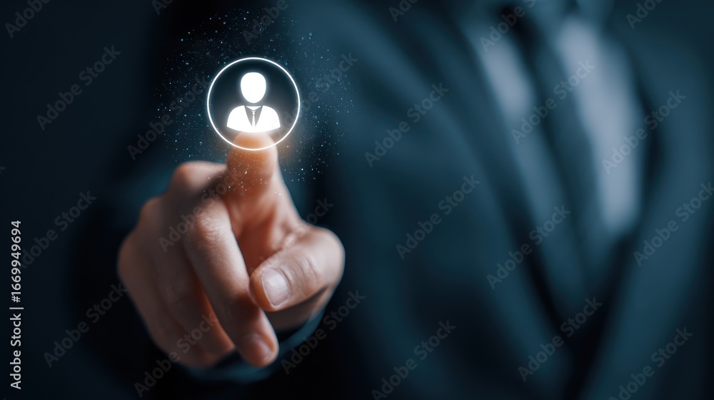 Poster digital touch: a professional's finger engages with a digitally illuminated avatar of a person, indi
