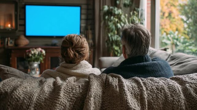 Cozy moments and a Screen: An elderly couple immersed in the comforting glow of a television screen while enveloped in a tranquil home setting.