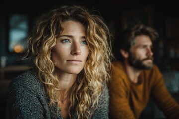 Woman looking away with man sitting next to her out of focus, suggesting relationship difficulties