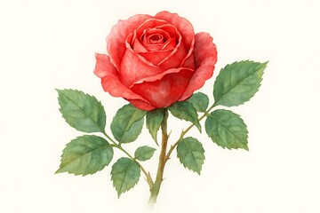 Beautiful red rose with green leaves on a light background