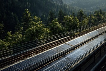 Fototapeta premium High-speed train traveling through lush green landscape with mountains in the background