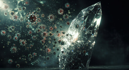 A multifaceted diamond shatters into a cloud of microscopic viral particles, symbolizing the breaking of a pandemic