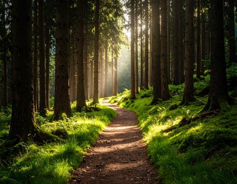 Sunlit path through a dense forest
