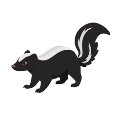 Fototapeta premium Cute cartoon skunk with a black and white pattern walking on a plain background 