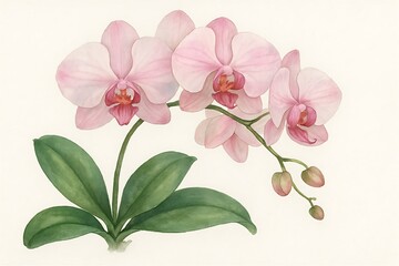 Fototapeta premium Beautiful pink orchids with delicate petals and lush green leaves on a soft background