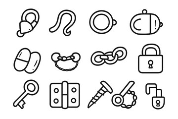 Fototapeta premium Jewelry Clasp Icons. Hand-drawn doodle illustration clasp necklace clasp, bracelet clasp, hook, loop, spring ring, lobster clasp,