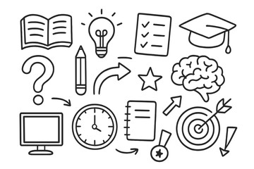 Learning Tools Doodles. Hand-drawn doodle illustration learning challenge book, light bulb, pencil, graduation cap, checklist,