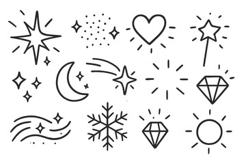 Magic Doodle Sparkles. Hand-drawn doodle illustration glitter effects sparkle burst, glitter dust, star, twinkle, shining heart,