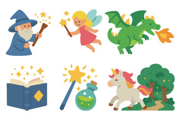Fototapeta premium Magical Adventures Icons. Flat vector mini-illustrations magic adventures in colors children's illustrations: wizard casting spell