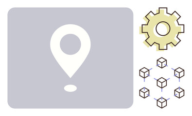 Location marker, gear, and interconnected blocks represent navigation, technology, blockchain, and innovation. Ideal for logistics, decentralization, team coordination tech solutions blockchain