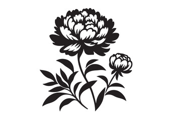 peony flower logo silhouette vector, carnation flower silhouette logo vector illustration, Silhouette of a peony flower petals and leaf, peony flower logo silhouette vector on white background.