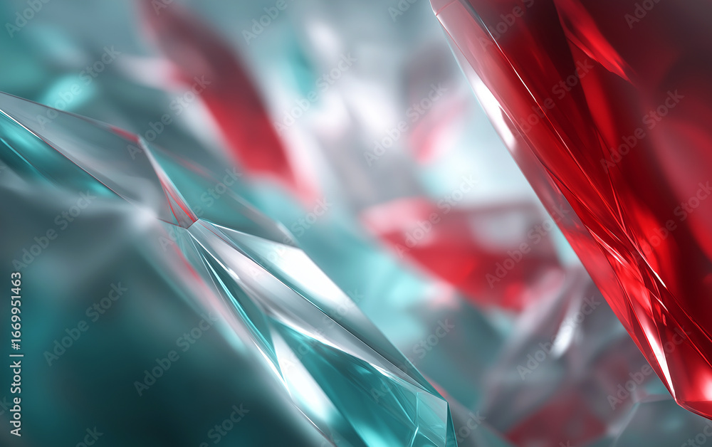 Poster abstract geometric crystal formation with red and blue hues translucent reflections and angular face