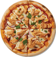 Vector illustration of delicious chicken pizza with melted cheese, barbecue sauce, onion slices, and fresh parsley leaves on a golden baked crust