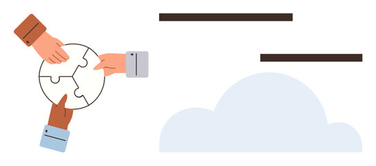 Hands assembling a circular puzzle piece symbolizing collaboration, with a stylized cloud representing technology and communication. Ideal for teamwork, problem solving, innovation, networking