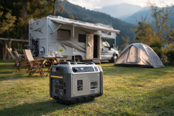 Portable power generator supplying energy for camping, with camper van and tent in the background, showcasing off-grid power solutions