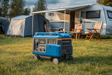 Portable power generator supplying electricity at a campsite, enhancing outdoor living with tent and camper van in the background