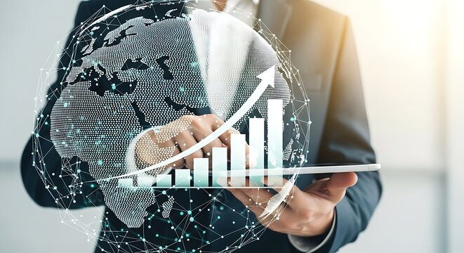 A person in a business suit interacts with a digital representation of a global business graph overlaid on a tablet.