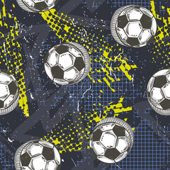 Abstract seamless pattern for boys. Football pattern. Grunge urban pattern with football ball. Sport wallpaper on black background with white and blue and green. Repeated sport pattern.