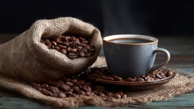 Aromatic Coffee Moment: A close-up of a steaming cup of coffee and a sack filled with roasted coffee beans, capturing the essence of morning bliss. 