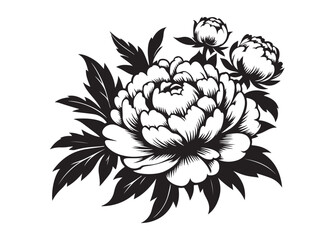 peony flower logo silhouette vector, carnation flower silhouette logo vector illustration, Silhouette of a peony flower petals and leaf, peony flower logo silhouette vector on white background.