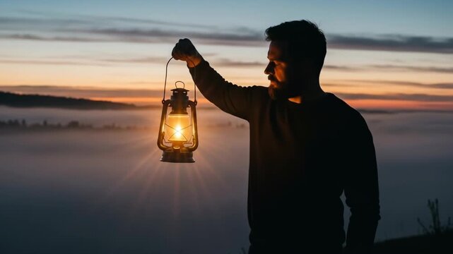 Hopeful seeker holding glowing lantern over vast sea of fog at twilight