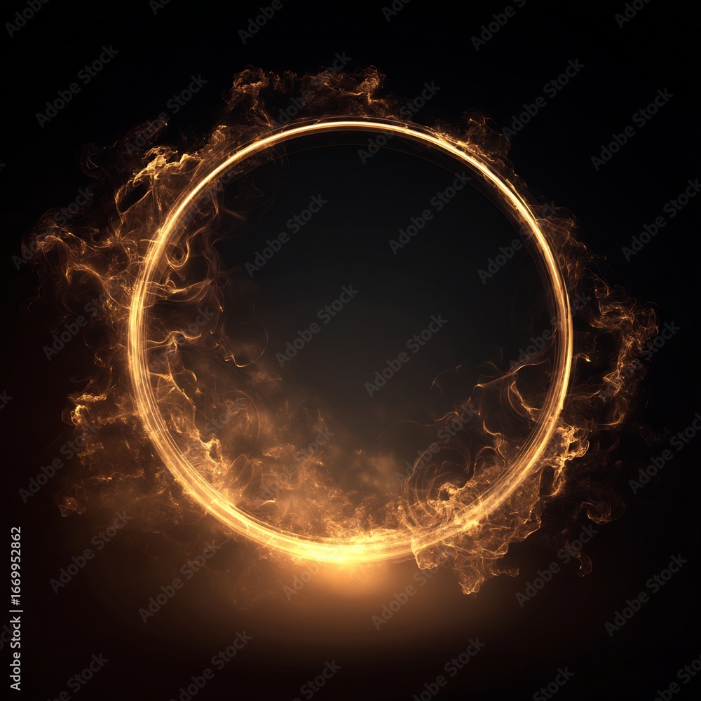 Poster golden ring frame with smoke effect on black background abstract design element for graphic design