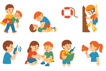 Rescue Action Icons. Flat vector mini-illustrations rescue actions in colors children's illustrations: carrying injured person,