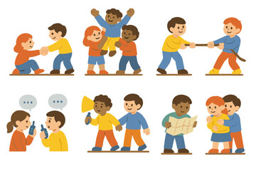 Fototapeta premium Rescue Teamwork Icons. Flat vector mini-illustrations rescue teamwork in colors children's illustrations: helping hand, group