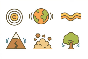 Seismic Waves Icons. Flat vector mini-illustrations seismic waves in colors children's illustrations: concentric circles,