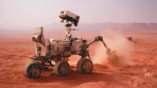 Robotic exploration rover moving across rocky Martian terrain, collecting geological samples with articulated robotic arm. Dusty red landscape with mountain range in background