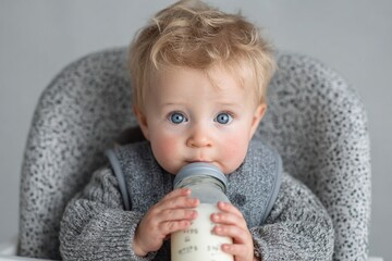 Cute baby with blue eyes drinking milk from a bottle while sitting in a high chair