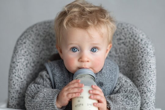 Cute baby with blue eyes drinking milk from a bottle while sitting in a high chair