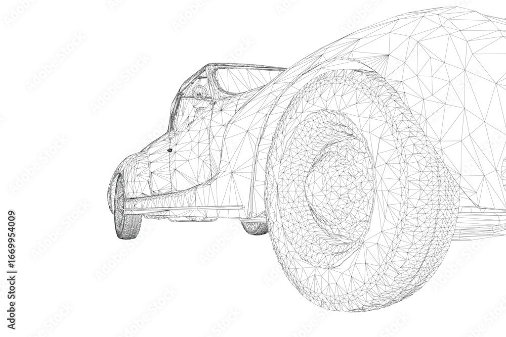 Poster low poly wireframe of a retro sports car, composed of geometric shapes and clean lines on a white ba