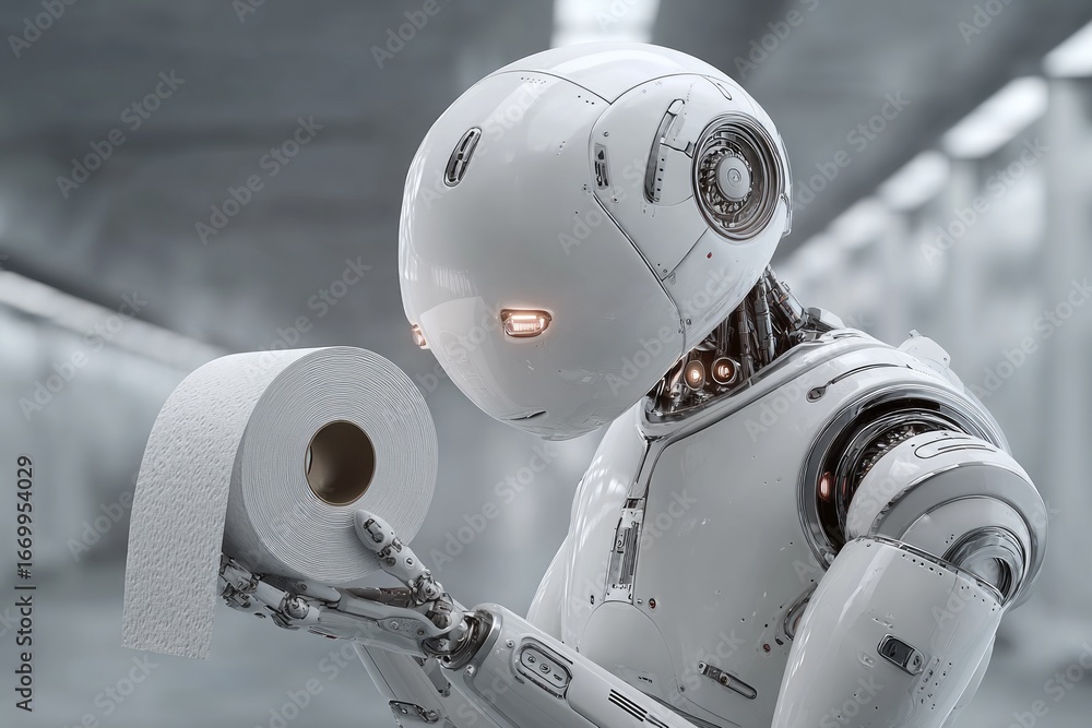 Poster white humanoid robot holding toilet paper roll in futuristic interior, exploring artificial intellig