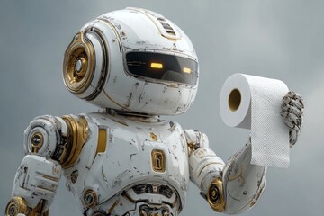 Fototapeta premium Futuristic robot holding a roll of toilet paper, suggesting automation in personal hygiene and domestic tasks