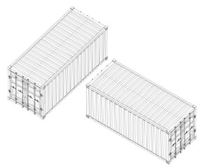 Two shipping containers drawn in detailed wireframe style on a clean white background, featuring distinct shapes, visible lids, and handles.
