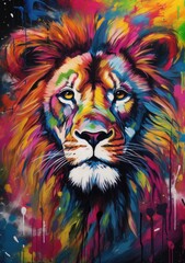 Calm Lion Face Portrait in Colorful Painting 