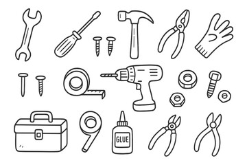 Tool Doodle Icons. Hand-drawn doodle illustration repair wrench, screwdriver, hammer, pliers, nails, screws, drill, tape measure,