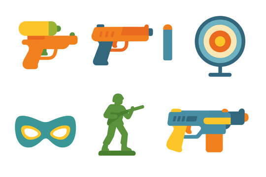 Toy Gun Icons. Flat vector mini-illustrations toy guns and play in colors children's illustrations: water pistol, dart gun, foam