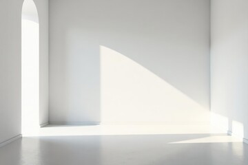 Fototapeta premium Bright sunlight illuminates a blank white wall in a minimalist gallery , interior, background