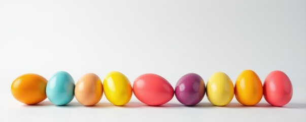 Obraz premium Brightly colored eggs arranged on a clean white tabletop against a pure white backdrop , easter, polished